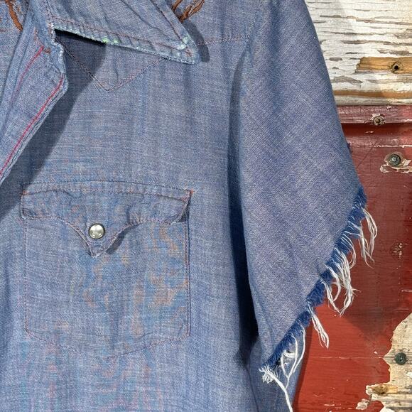 Rare Vintage 70s Western Embroidered Pearl Snap Distressed‎ Shirt - Picture 6 of 10